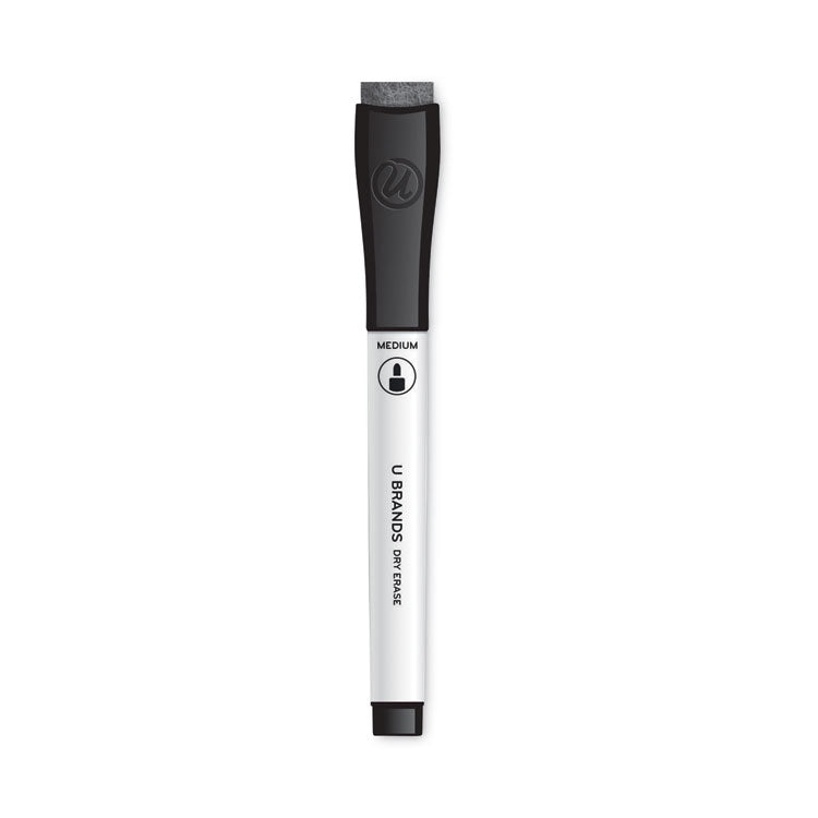 U Brands - Medium Point Low-Odor Dry-Erase Markers with Erasers, Medium Bullet Tip, Black, Dozen