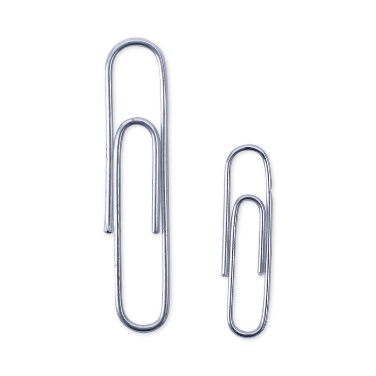 Universal - Plastic-Coated Paper Clips with One-Compartment Storage Tub, (750) #1 (1.75"), (250) Jumbo (2"), Silver