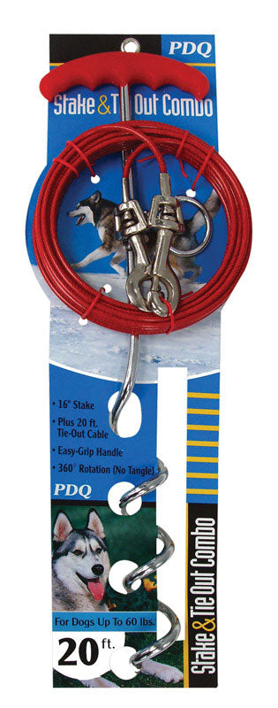 PDQ - PDQ Boss Pet Silver / Red Vinyl Coated Cable Dog Tie Out Stake Large