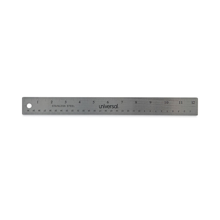 Universal - Stainless Steel Ruler with Cork Back and Hanging Hole, Standard/Metric, 12" Long