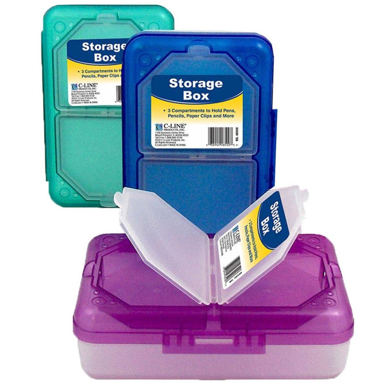 C-LINE - Storage Box, 3 Compartments, Assorted Colors, Pack of 3