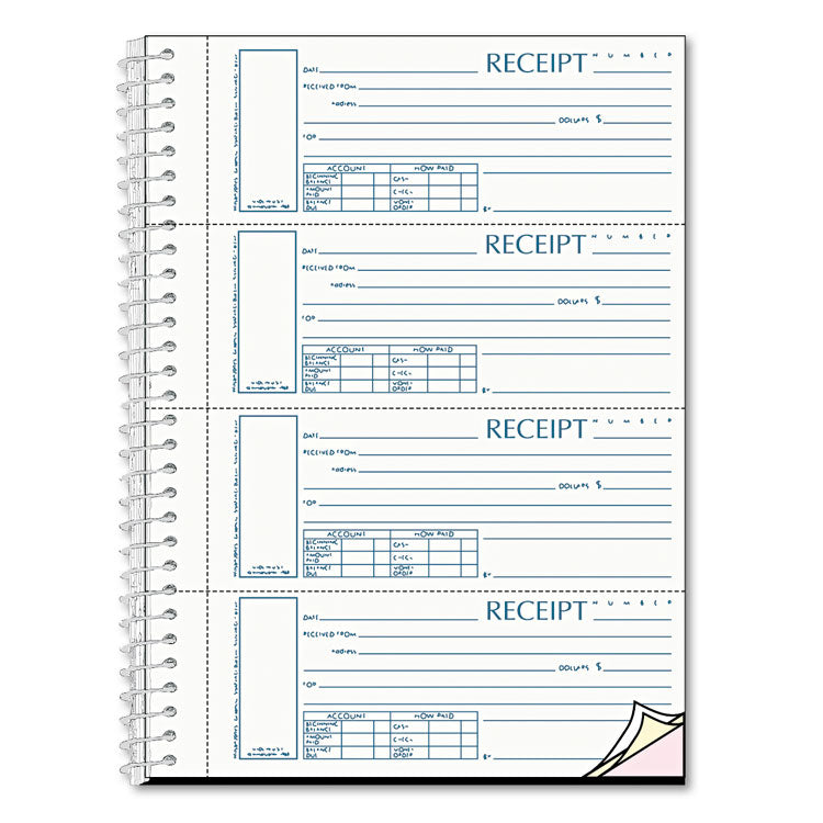 Rediform - Spiralbound Unnumbered Money Receipt Book, Three-Part Carbonless, 7 x 2.75, 4 Forms/Sheet, 120 Forms Total