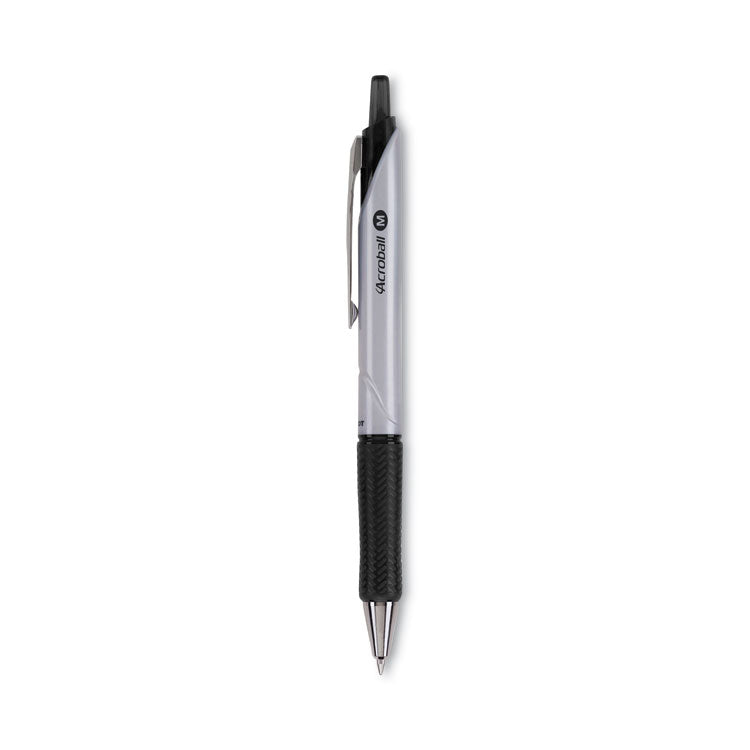 Pilot - Acroball Pro Advanced Ink Ballpoint Pen, Retractable, Medium 1 mm, Black Ink, Silver Barrel, Dozen