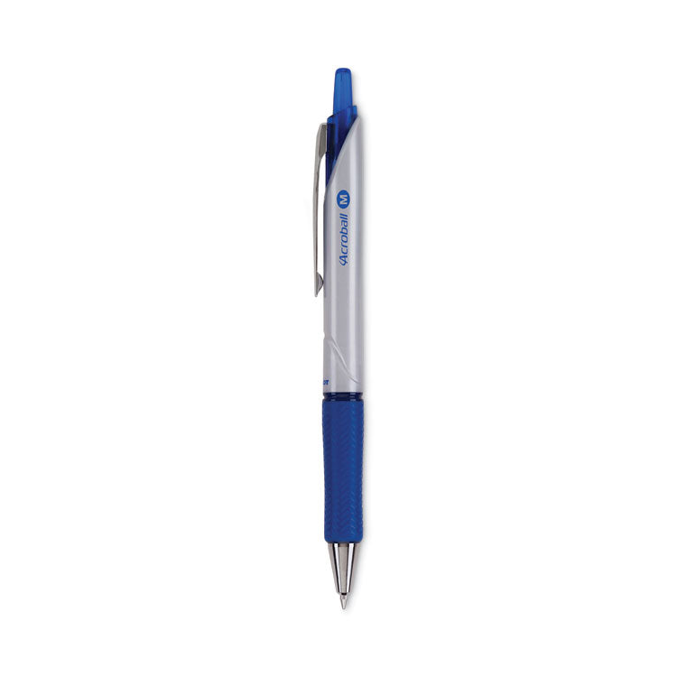 Pilot - Acroball Pro Advanced Ink Ballpoint Pen, Retractable, Medium 1 mm, Blue Ink, Silver Barrel, Dozen