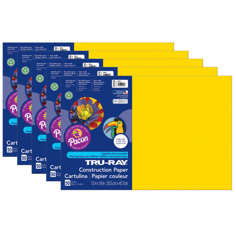 TRU-RAY - Construction Paper, Yellow, 12" x 18", 50 Sheets Per Pack, 5 Packs (PAC103036-5)