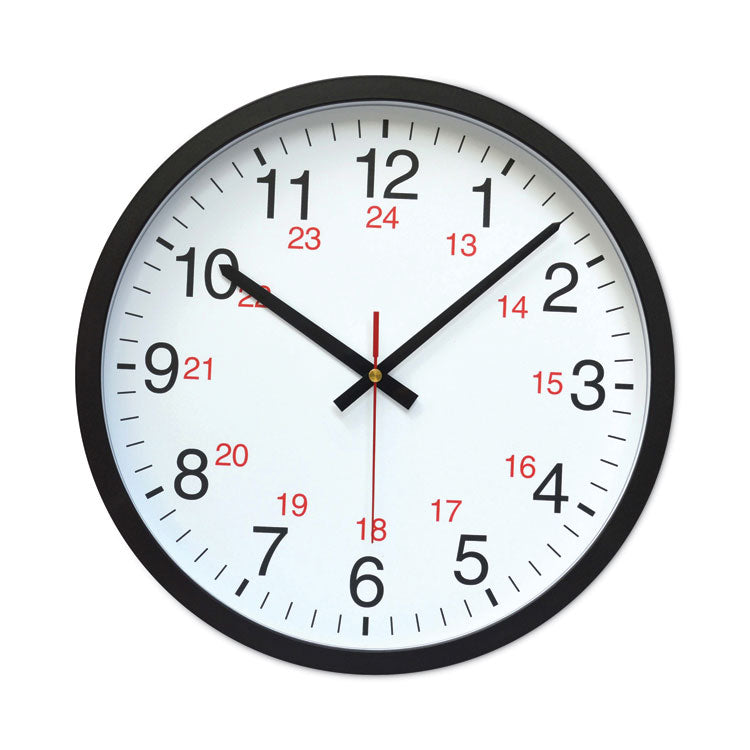 Universal - 24-Hour Round Wall Clock, 12.63" Overall Diameter, Black Case, 1 AA (sold separately)