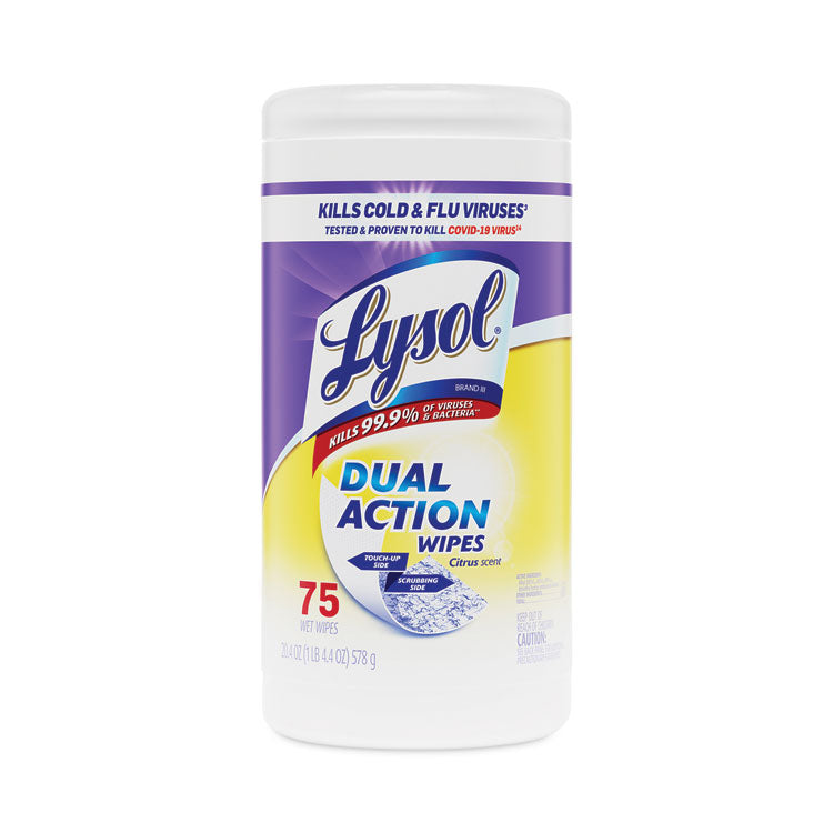 LYSOL Brand - Dual Action Disinfecting Wipes, 1-Ply, 7 x 7.5, Citrus, White/Purple, 75/Canister