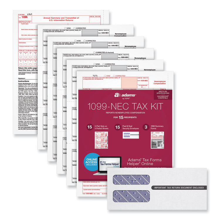 Adams - Five-Part 1099-NEC Online Tax Kit, Five-Part Carbonless, 3.66 x 8.5, 15/Pack