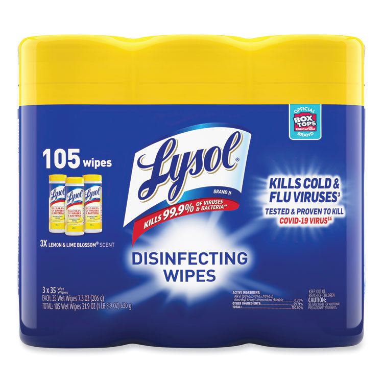 LYSOL Brand - Disinfecting Wipes, 7 x 7.25, Lemon and Lime Blossom, 35 Wipes/Canister, 3 Canisters/Pack, 4 Packs/Carton