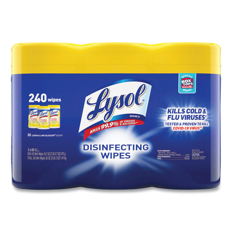 LYSOL Brand - Disinfecting Wipes, 7 x 7.25, Lemon and Lime Blossom, 80 Wipes/Canister, 3 Canisters/Pack, 2 Packs/Carton