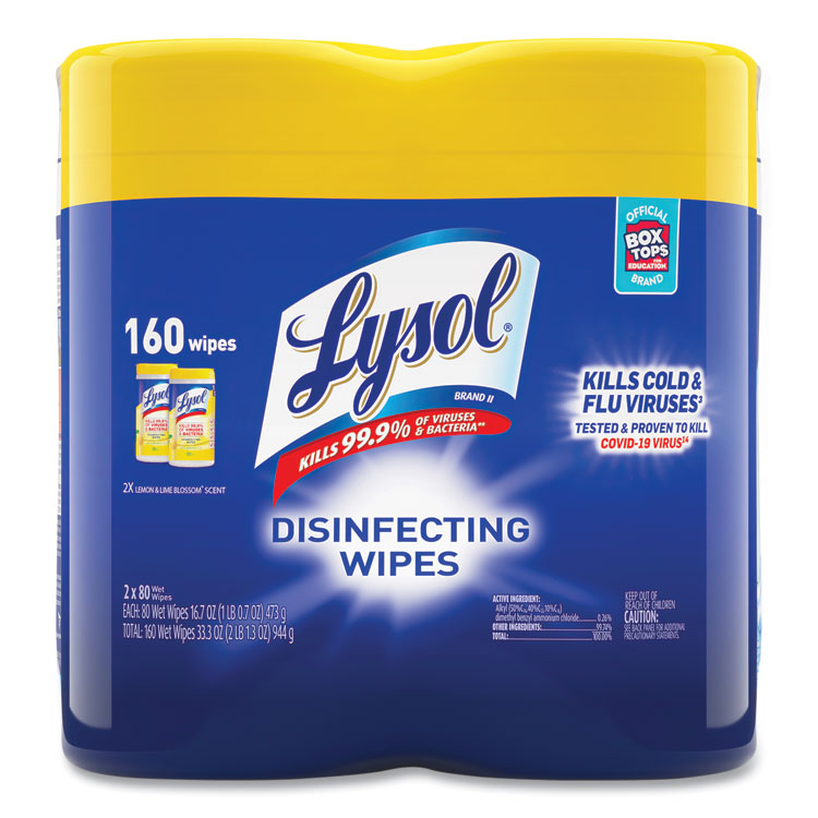 LYSOL Brand - Disinfecting Wipes, 7 x 7.25, Lemon and Lime Blossom, 80 Wipes/Canister, 2 Canisters/Pack, 3 Packs/Carton