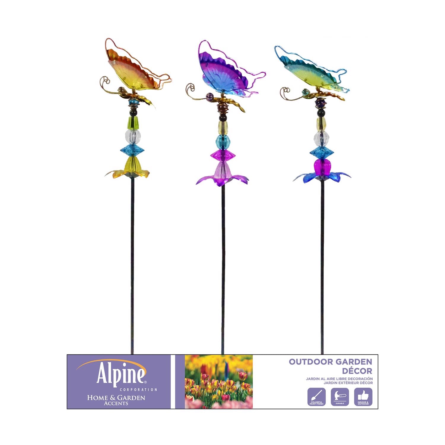 Alpine Multicolored Glass/Metal 36 in. H X 6 in. L X 6 in. W Butterfly/Flower/Jewels Outdoor Garden - Case of 24