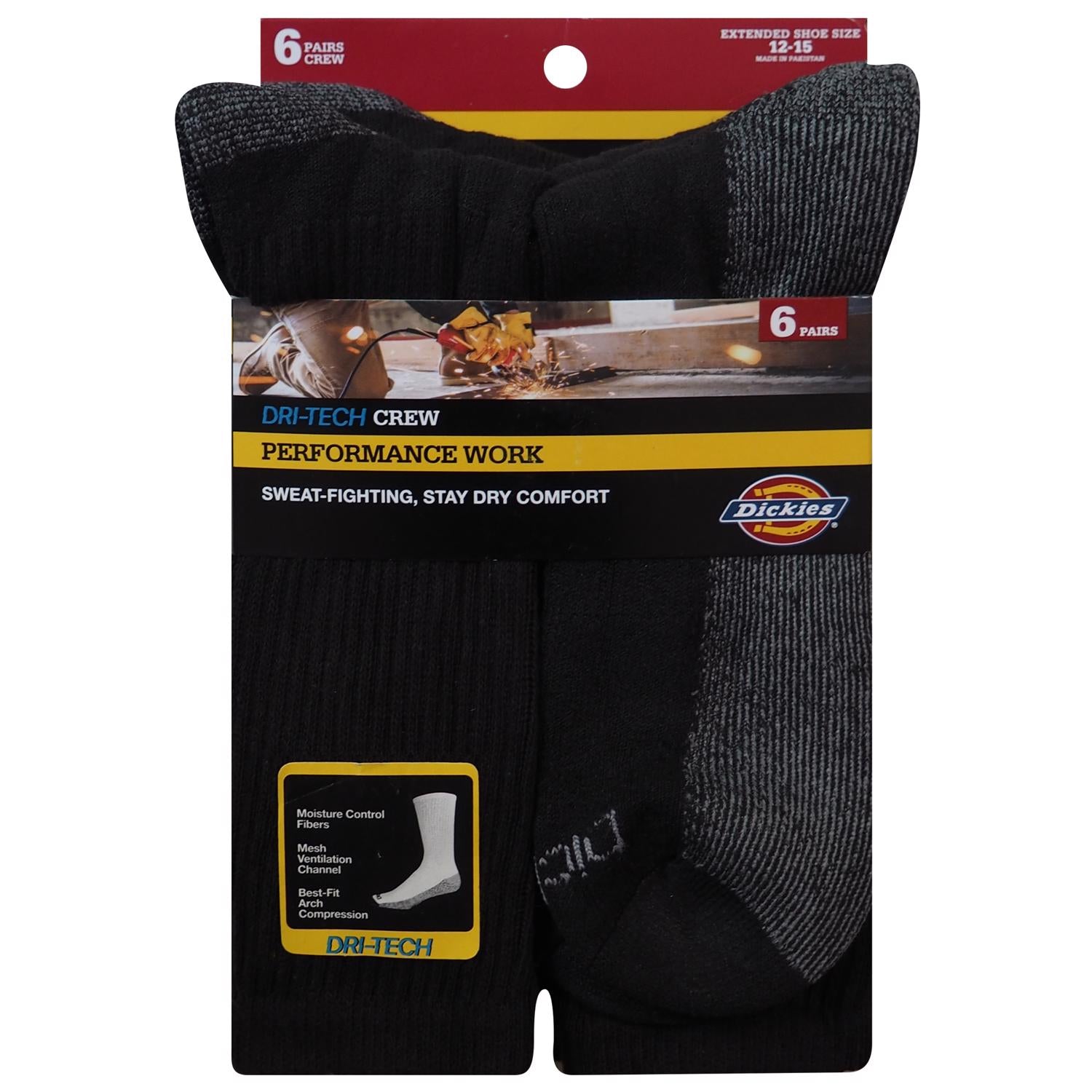 Dickies Dri-Tech Men's 12-15 Crew Socks Black - Case of 2