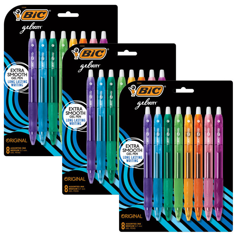 BIC - Gelocity Original Long Lasting Fashion Gel Pens, Medium Point (0.7mm) Assorted Ink, 8 Per Pack, 3 Packs