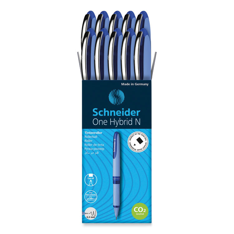 Schneider - One Hybrid N Roller Ball Pen, Stick, Extra-Fine 0.3 mm, Blue Ink, Blue Barrel, 10/Box