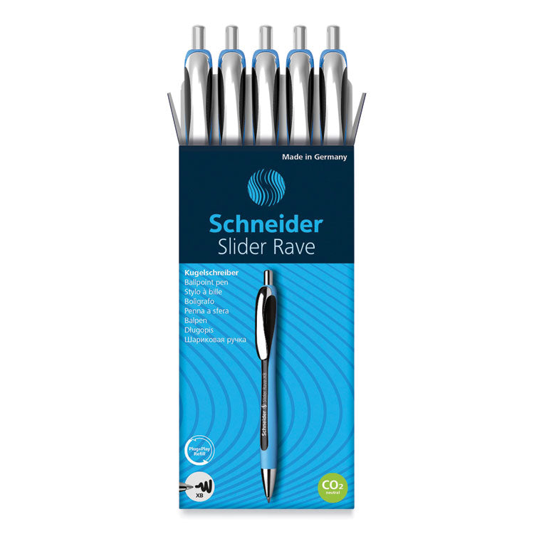 Schneider - Slider Rave XB Ballpoint Pen, Retractable, Extra-Bold 1.4 mm, Black Ink, Black/Light Blue Barrel