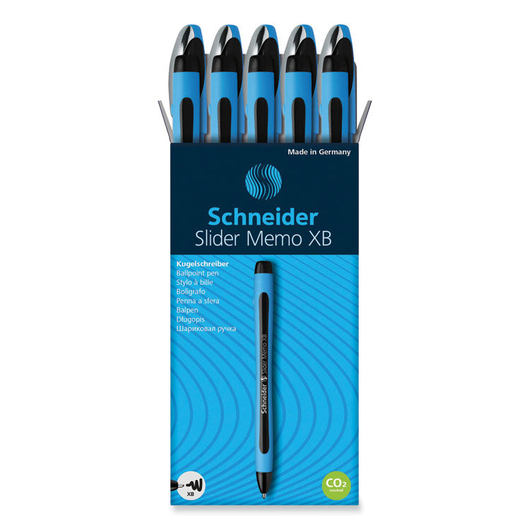 Schneider - Slider Memo XB Ballpoint Pen, Stick, Extra-Bold 1.4 mm, Black Ink, Black/Light Blue Barrel, 10/Box