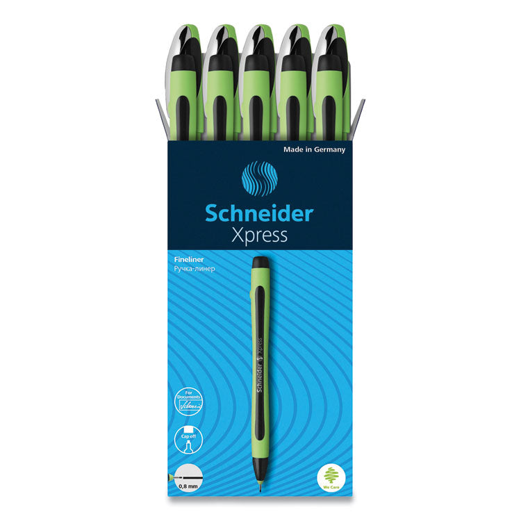 Schneider - Xpress Fineliner Porous Point Pen, Stick, Medium 0.8 mm, Black Ink, Black/Green Barrel, 10/Box