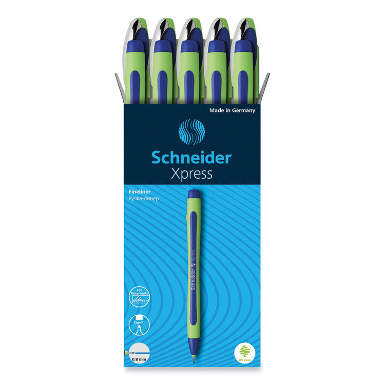 Schneider - Xpress Fineliner Porous Point Pen, Stick, Medium 0.8 mm, Blue Ink, Blue/Green Barrel, 10/Box