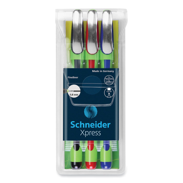 Schneider - Xpress Fineliner Porous Point Pen, Stick, Medium 0.8 mm, Assorted Ink Colors, Green Barrel, 3/Pack