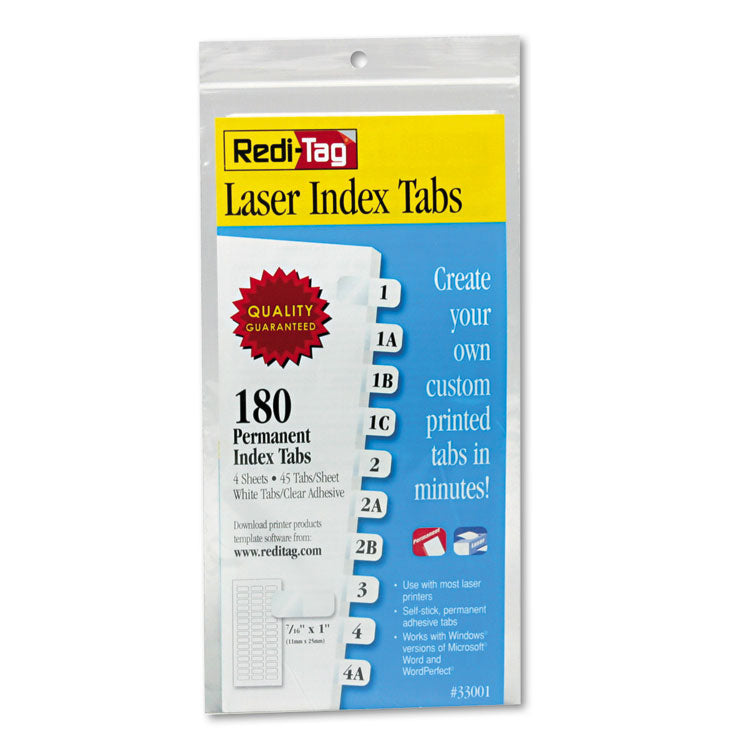 Redi-Tag - Laser Printable Index Tabs, 1/12-Cut, White, 0.44" Wide, 180/Pack