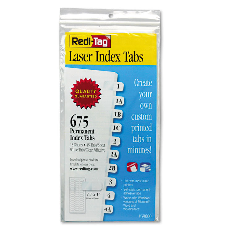Redi-Tag - Laser Printable Index Tabs, 1/12-Cut, White, 0.44" Wide, 675/Pack