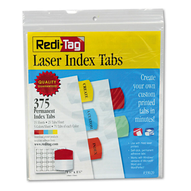 Redi-Tag - Inkjet Printable Index Tabs, 1/5-Cut, Assorted Colors, 1.13" Wide, 375/Pack