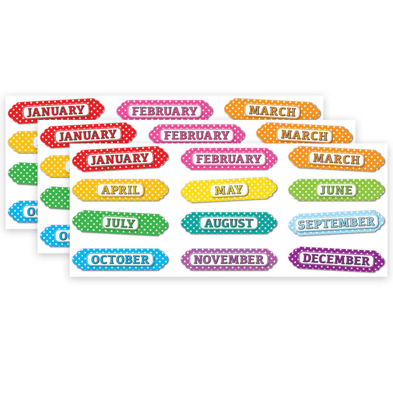 ASHLEY PRODUCTIONS - Magnetic Die-Cut Timesavers & Labels, Months of the Year, White Polka Dots On Assorted Colors, 12 Per Pack, 3 Packs