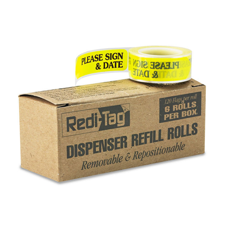 Redi-Tag - Arrow Message Page Flag Refills, "Please Sign and Date", Yellow, 120/Roll, 6 Rolls