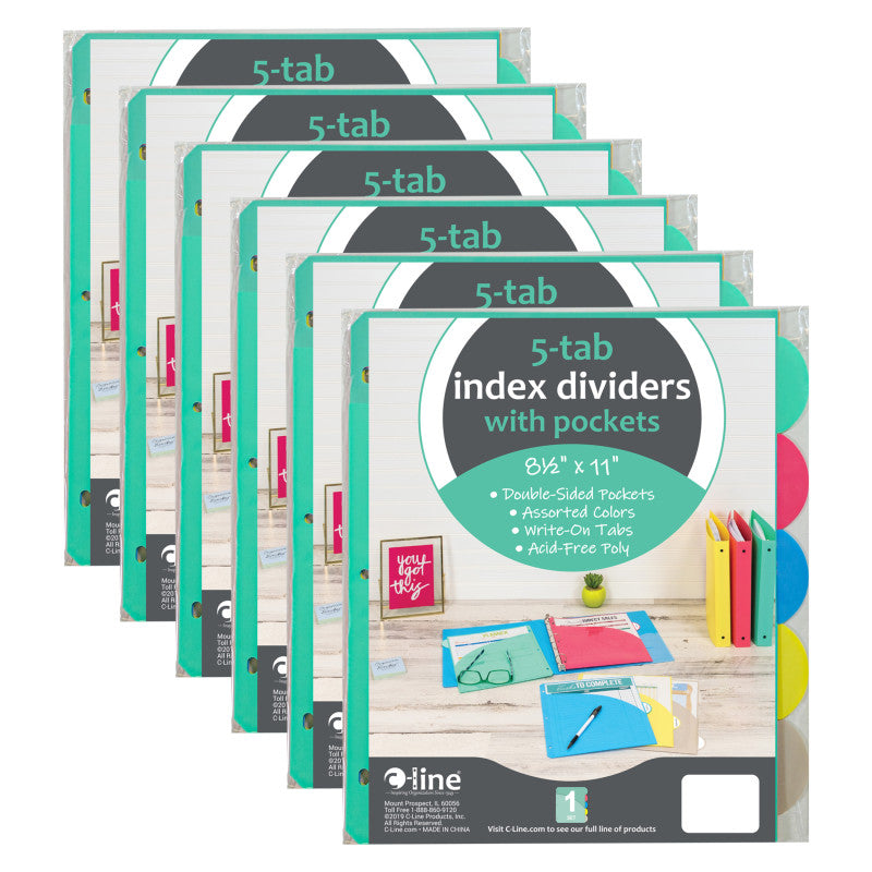 C-LINE - 5-Tab Poly Index Dividers w/Slant Pocket, Assorted Colors, 5 Per Pack, 6 Packs