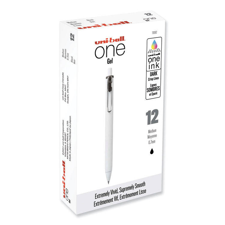 uniball - uniONE Gel Pen, Retractable, Medium 0.7 mm, Black Ink, White Barrel, Dozen