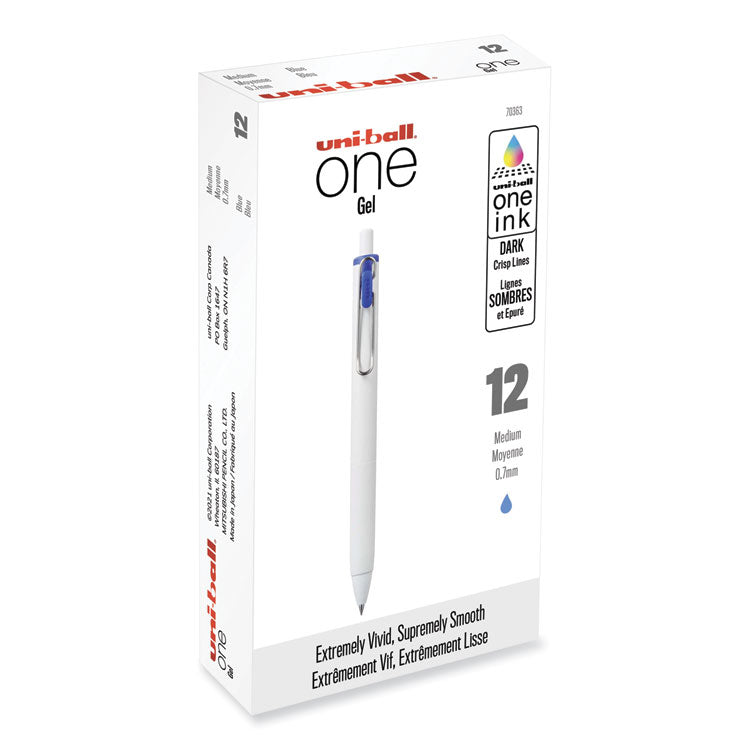 uniball - uniONE Gel Pen, Retractable, Medium 0.7 mm, Blue Ink, White Barrel, Dozen