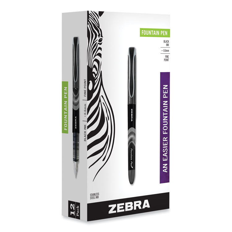 Zebra - Fountain Pen, Fine 0.6 mm, Black Ink, Black, 12/Pack