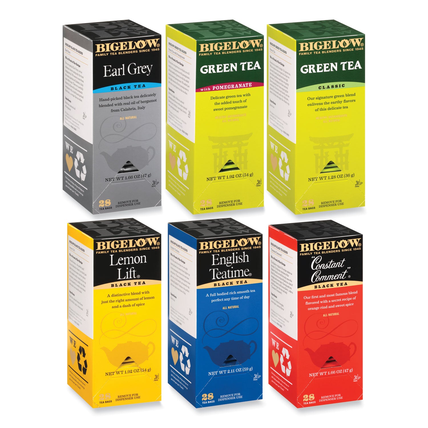 Assorted Tea Packs, Six Flavors, 28/BX, 168/Carton