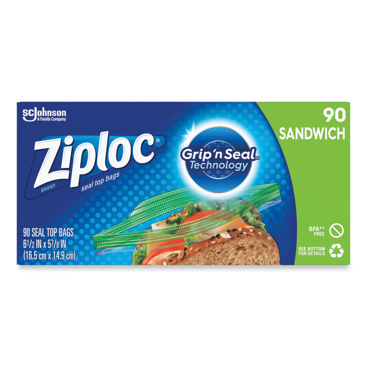 Ziploc - Resealable Sandwich Bags, 1.2 mil, 6.5" x 5.88", Clear, 90 Bags/Box, 12 Boxes/Carton