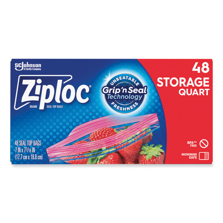 Ziploc - Double Zipper Storage Bags, 1 qt, 1.75 mil, 9.63" x 8.5", Clear, 48/Box