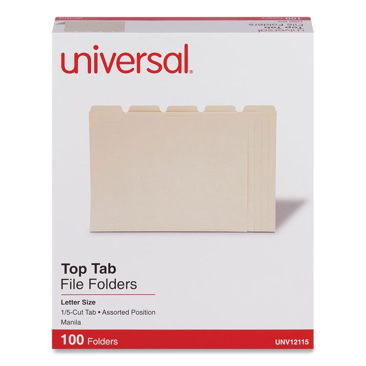 Universal - Top Tab File Folders, 1/5-Cut Tabs: Assorted, Letter Size, 0.75" Expansion, Manila, 100/Box