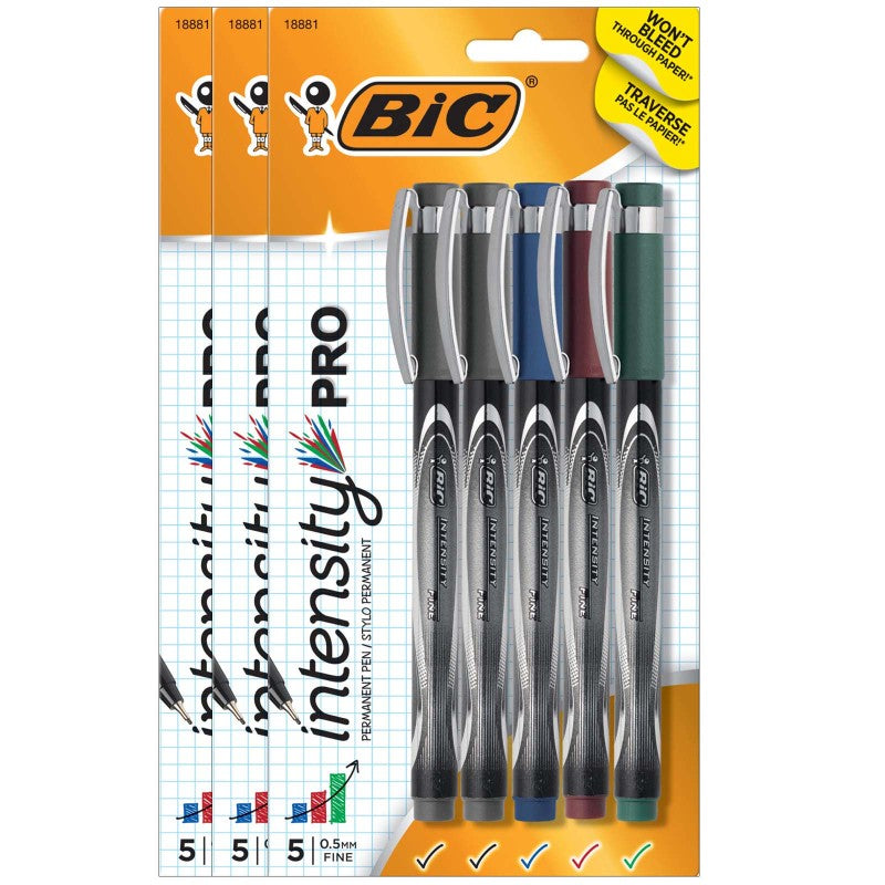 BIC - Intensity® Pro Marker Pen, Fine Point (0.5mm), Assorted Colors, 5 Per Pack, 3 Packs