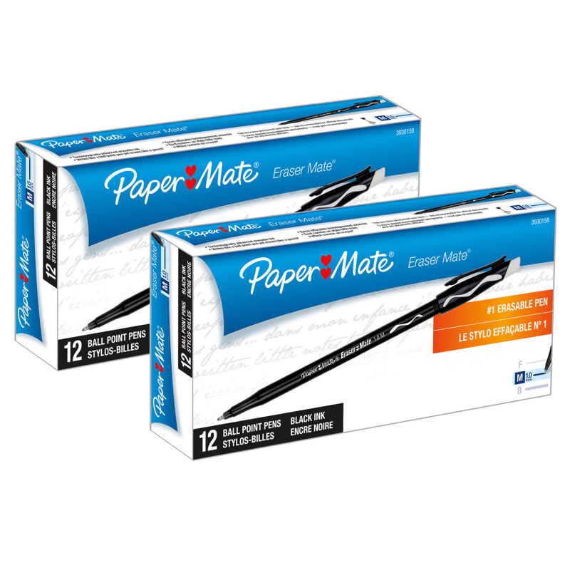 PAPER MATE - Eraser Mate® Pen, Black, 12 Per Pack, 2 Packs