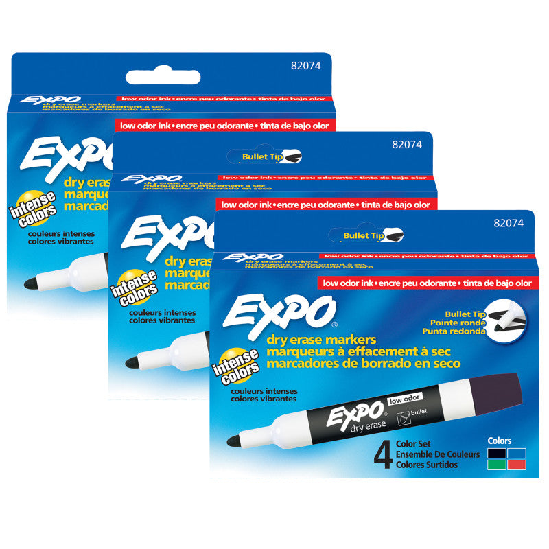 EXPO - Low Odor Dry Erase Markers, Bullet Tip, Assorted Colors, 4 Per Pack, 3 Packs