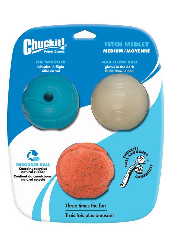 CHUCKIT! - Chuckit! Assorted Rubber Glow, Whistler and Rebounce Bounce Ball Medium 3 pk