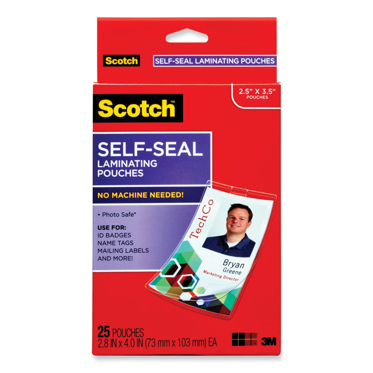 Scotch - Self-Sealing Laminating Pouches, 12.5 mil, 2.31" x 4.06", Gloss Clear, 25/Pack