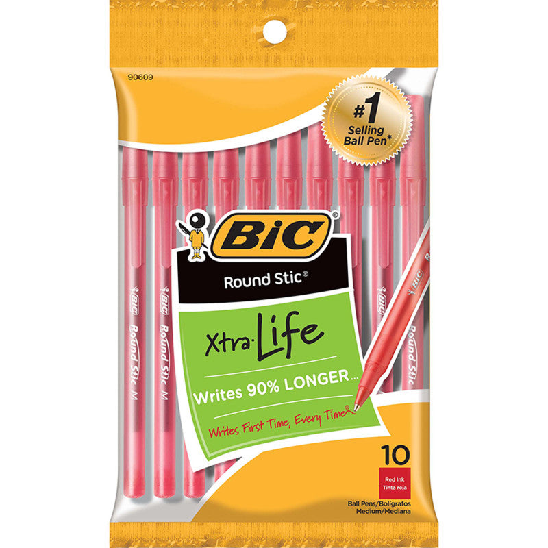 Round Stic® Xtra Life Ballpoint Pen, Medium Point (1.0mm), Red, Pack of 10