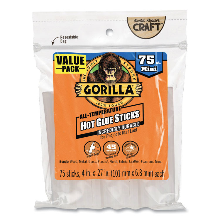 Gorilla - Mini Hot Glue Sticks, 0.27" dia x 4", Dries Clear, 75/Pack