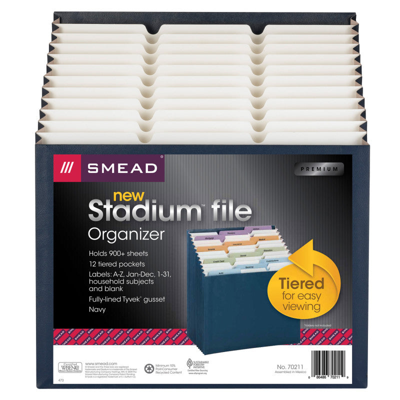 SMEAD - Stadium® File, Blank Labels, 12 Pockets, Letter Size, Navy