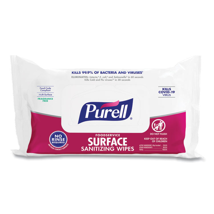 PURELL - Foodservice Surface Sanitizing Wipes, 1-Ply, 7.4 x 9, Fragrance-Free, White, 72/Pouch, 12 Pouches/Carton