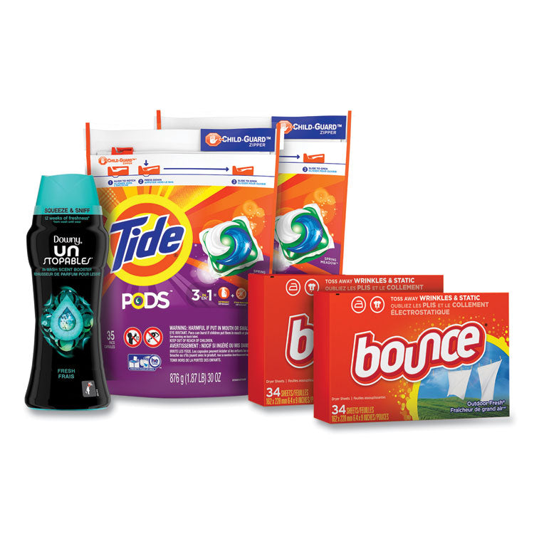 Tide - Better Together Laundry Care Bundle, (2) Bags Tide Pods, (2) Boxes Bounce Dryer Sheets, (1) Bottle Downy Unstopables