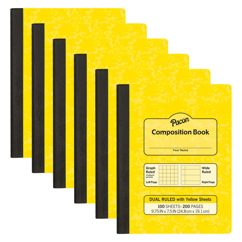 PACON - Dual Ruled Composition Book, Yellow, 1/4 in grid and 3/8 in (wide) 9-3/4" x 7-1/2", 100 Sheets, Pack of 6