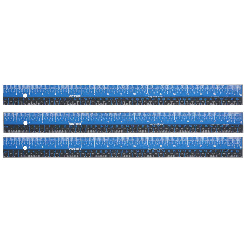 VICTOR - Easy Read™ Ruler, Stainless Steel, Blue/Black, 18", Pack of 3