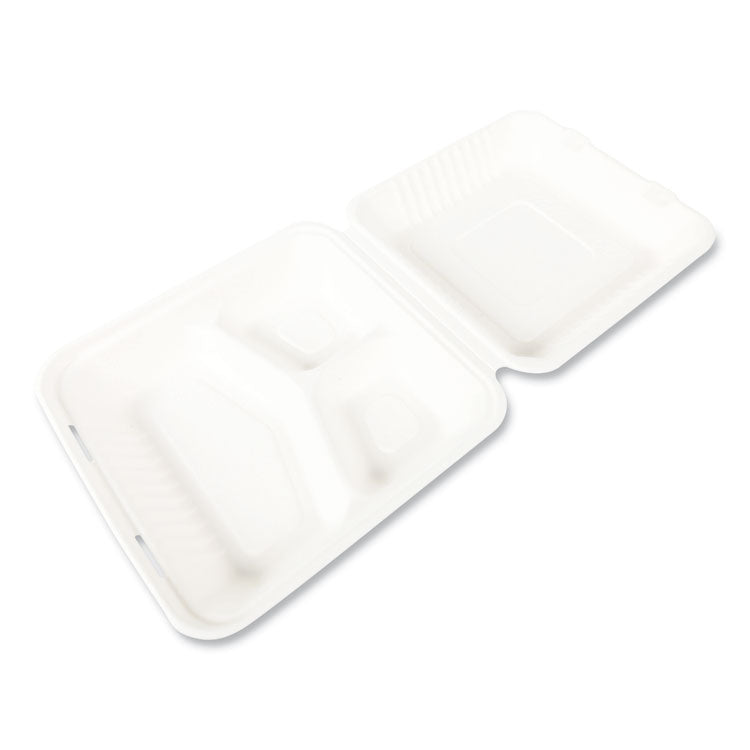 Boardwalk - Bagasse PFAS-Free Food Containers, 3-Compartment, 9 x 3.19 x 9, White, Bamboo/Sugarcane, 200/Carton